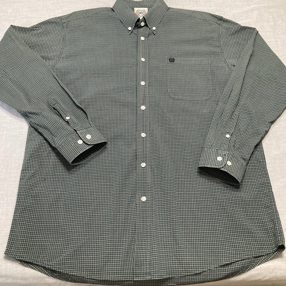 Cinch Mens Large Green Black Plaid Button-Down Pocket Long Sleeve Shirt Cotton
